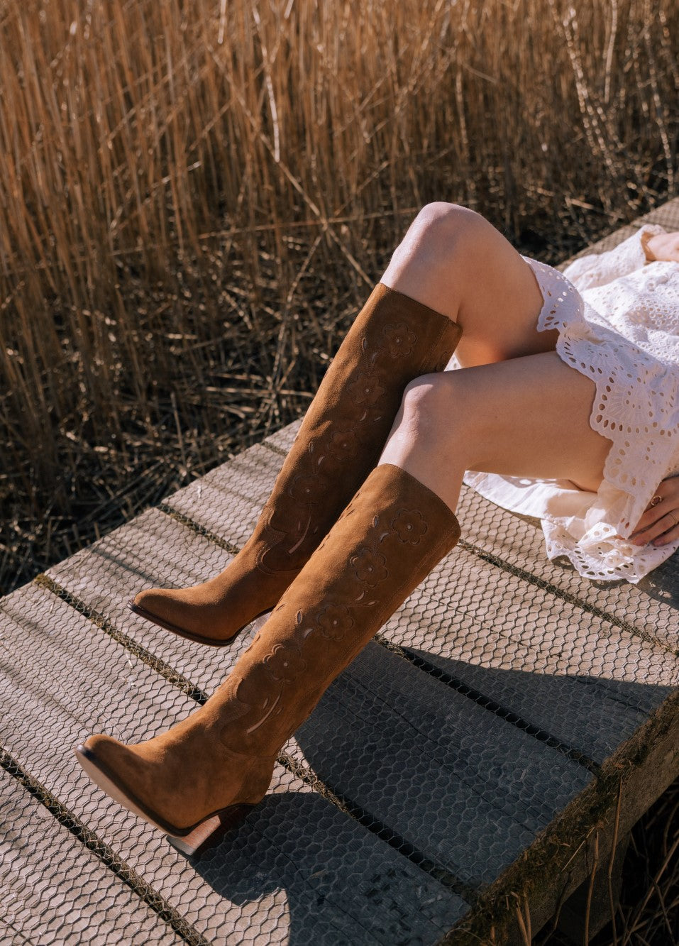 high suede flower boots brown
