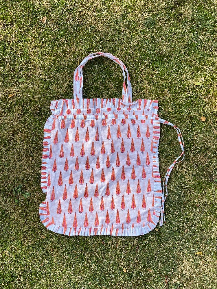 Block Print Frill Tote White Orange